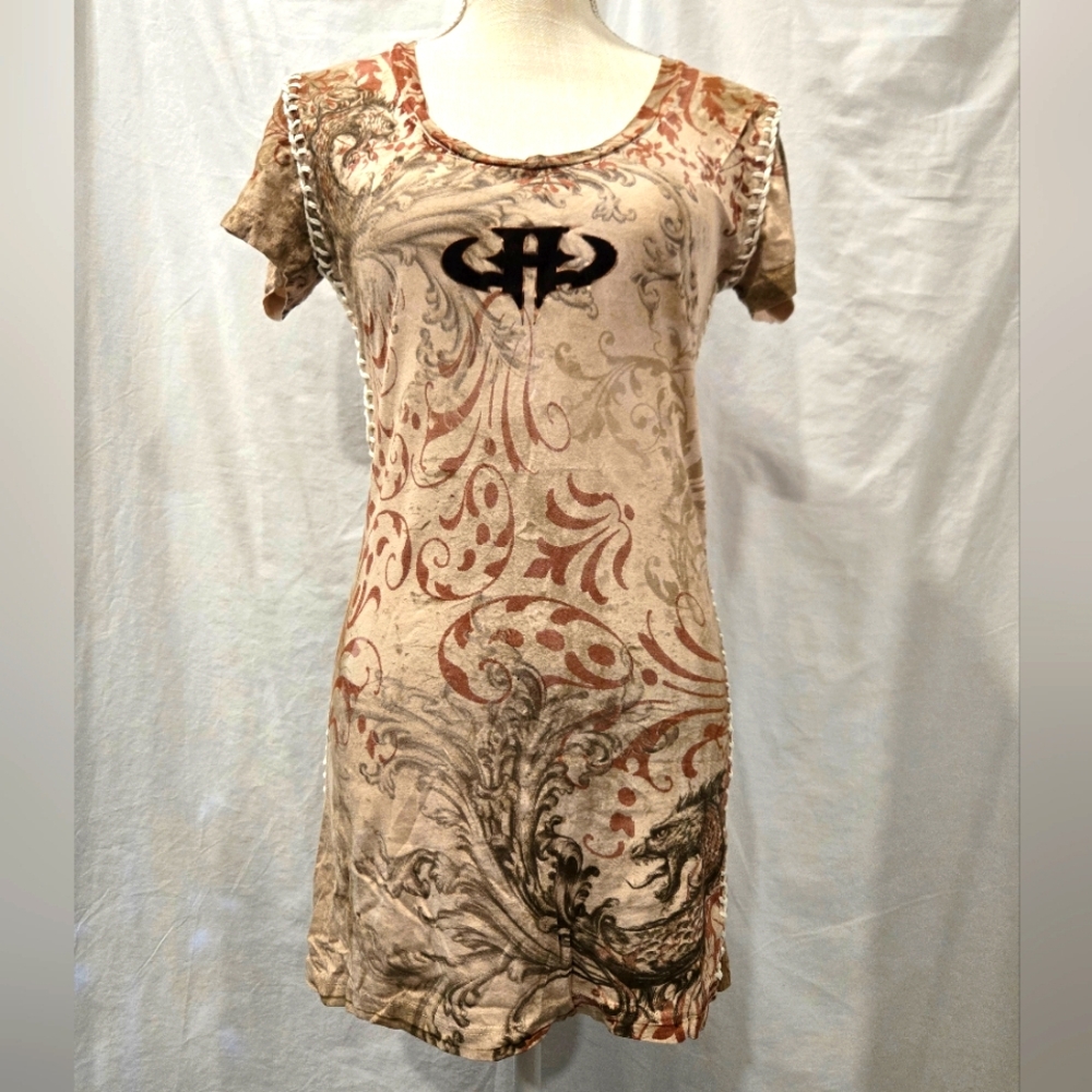 Uhlstudios - Tan Graphic Print Short Sleeve Dress - (XL)